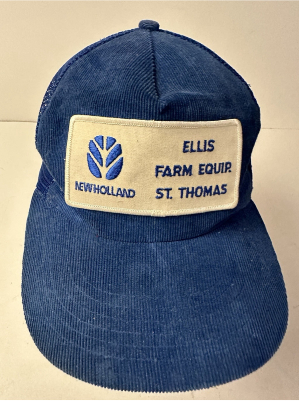 Vintage New Holland Corduroy Trucker Hat Ellis Farm Equip St Thomas Snapback Blu